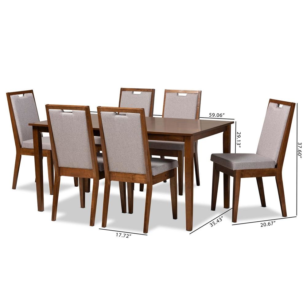 Grey Fabric Upholstered and Walnut Brown Finished Wood 7-Piece Dining Set. Picture 20