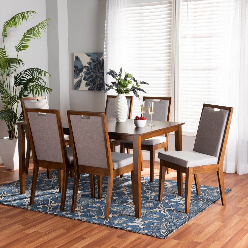 Grey Fabric Upholstered and Walnut Brown Finished Wood 7-Piece Dining Set. Picture 18