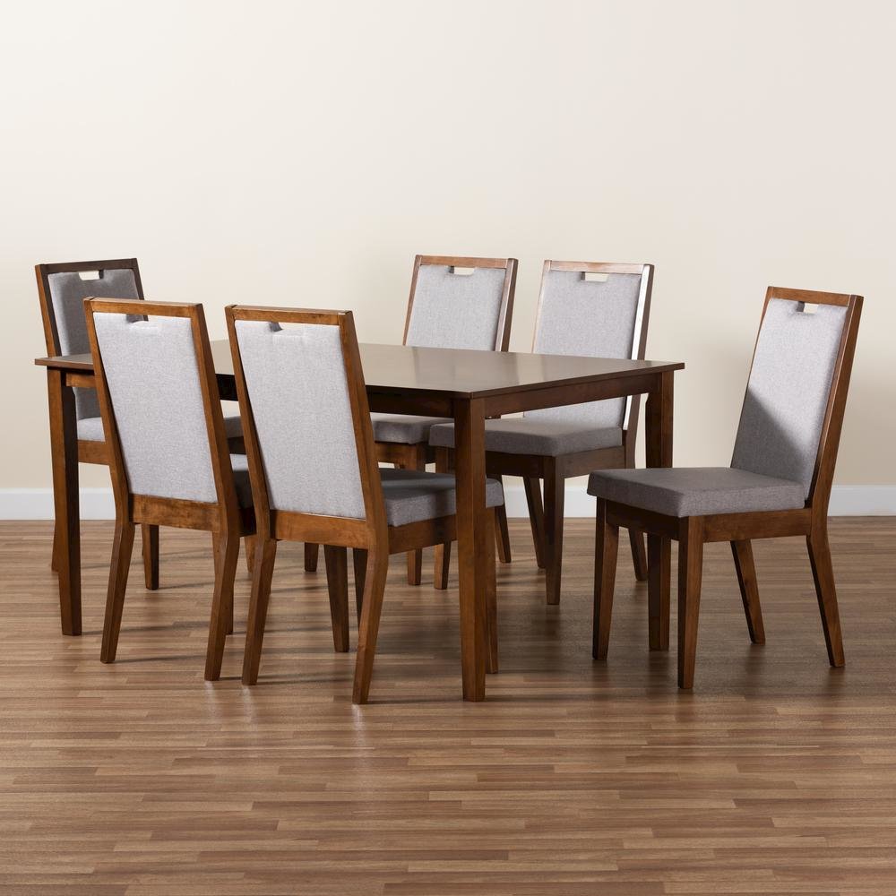 Grey Fabric Upholstered and Walnut Brown Finished Wood 7-Piece Dining Set. Picture 19
