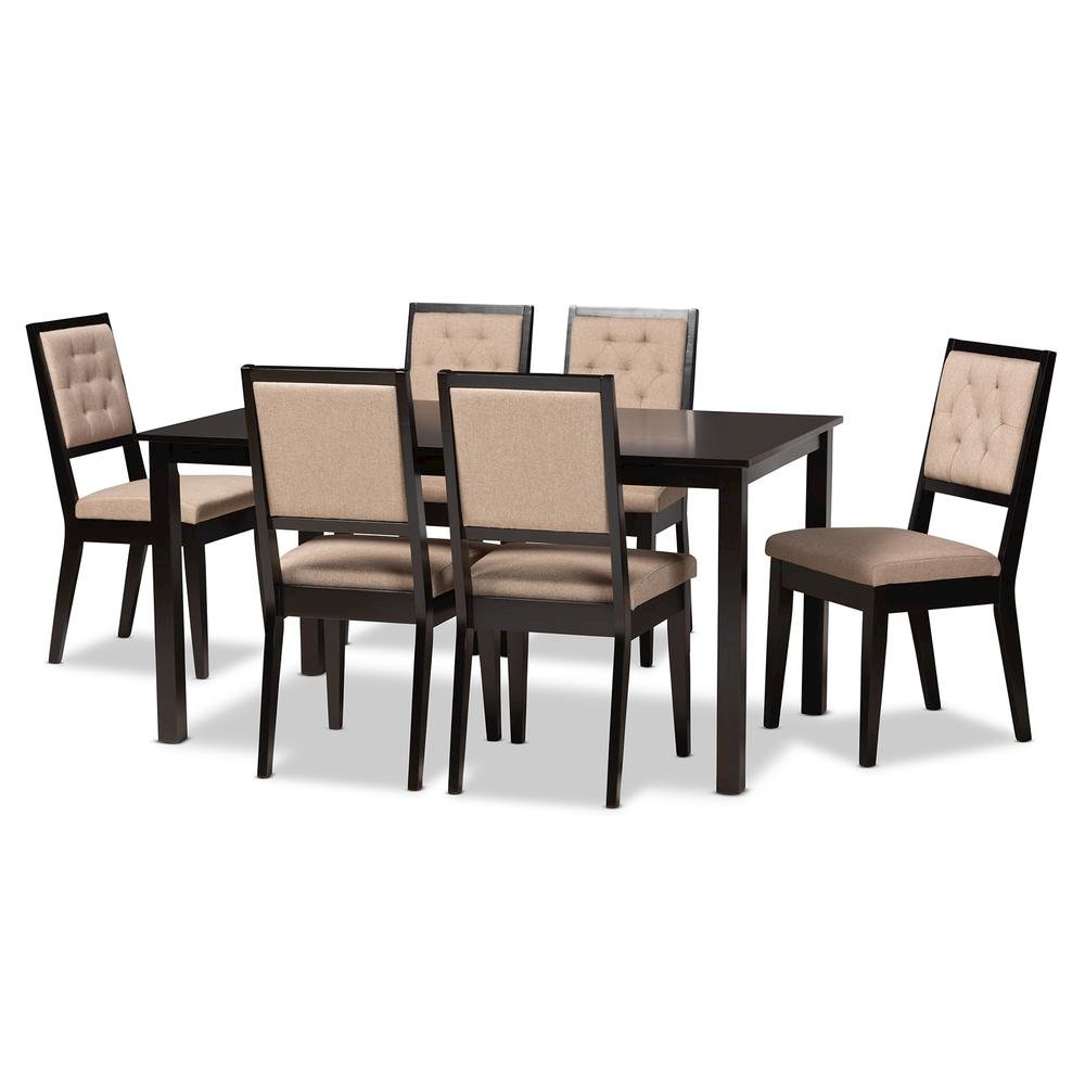 Sand Fabric Upholstered and Dark Brown Finished Wood 7-Piece Dining Set. Picture 11