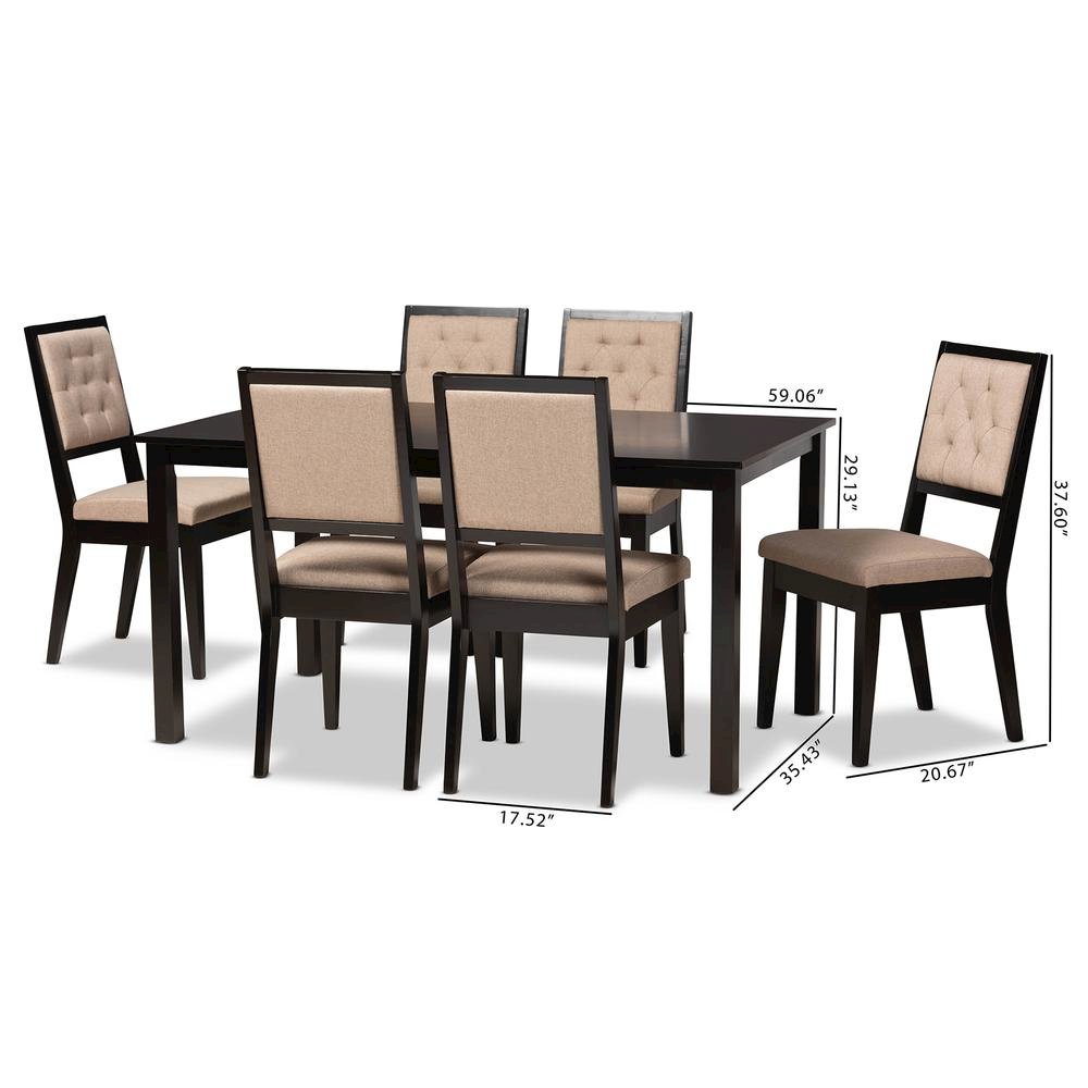 Sand Fabric Upholstered and Dark Brown Finished Wood 7-Piece Dining Set. Picture 20