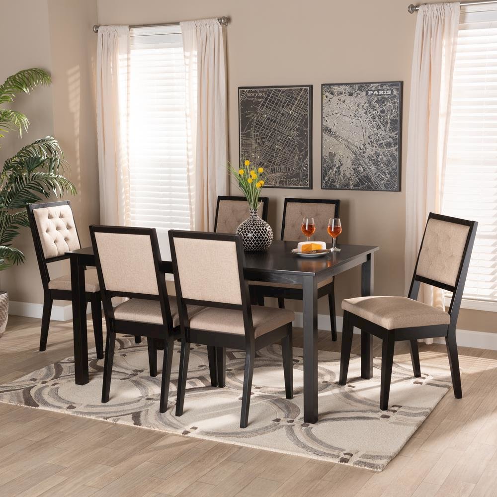 Sand Fabric Upholstered and Dark Brown Finished Wood 7-Piece Dining Set. Picture 18