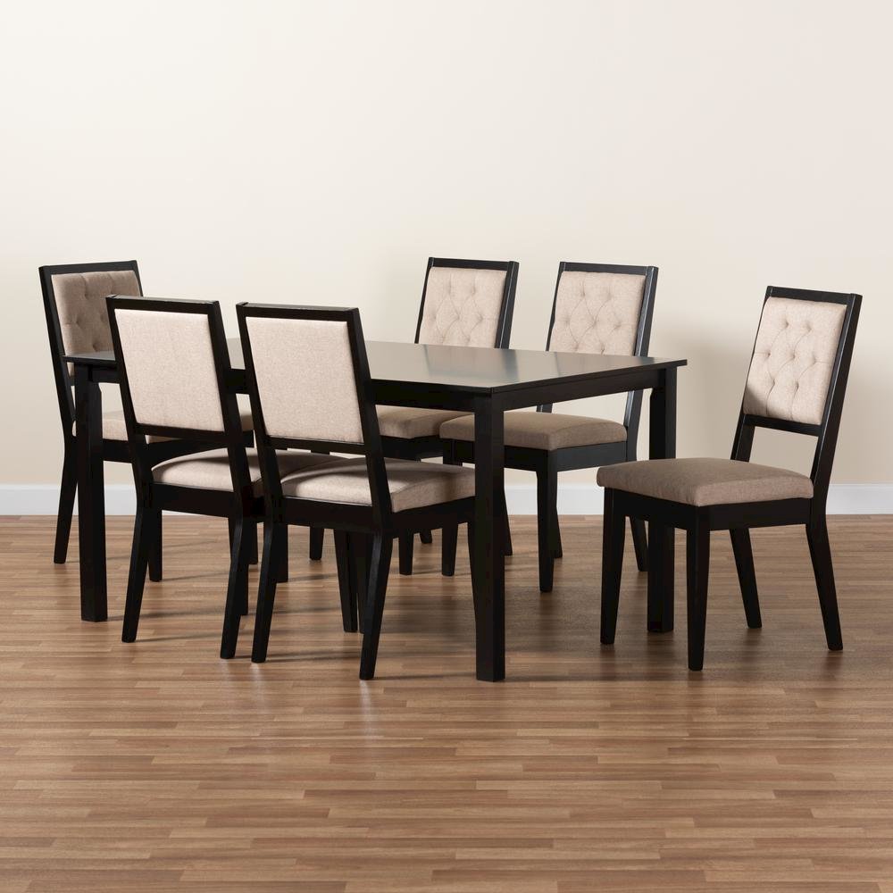 Sand Fabric Upholstered and Dark Brown Finished Wood 7-Piece Dining Set. Picture 19