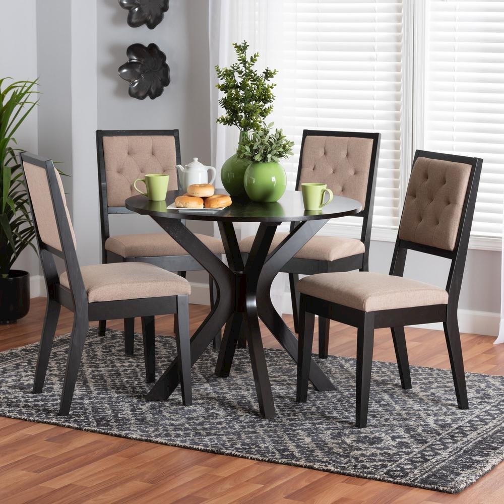 Mana Modern Sand Fabric and Dark Brown Finished Wood 5-Piece Dining Set. Picture 18