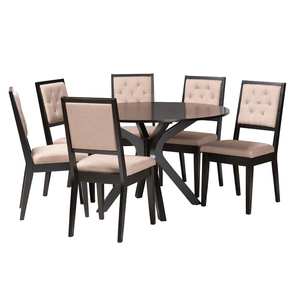 Mana Modern Sand Fabric and Dark Brown Finished Wood 7-Piece Dining Set. Picture 11