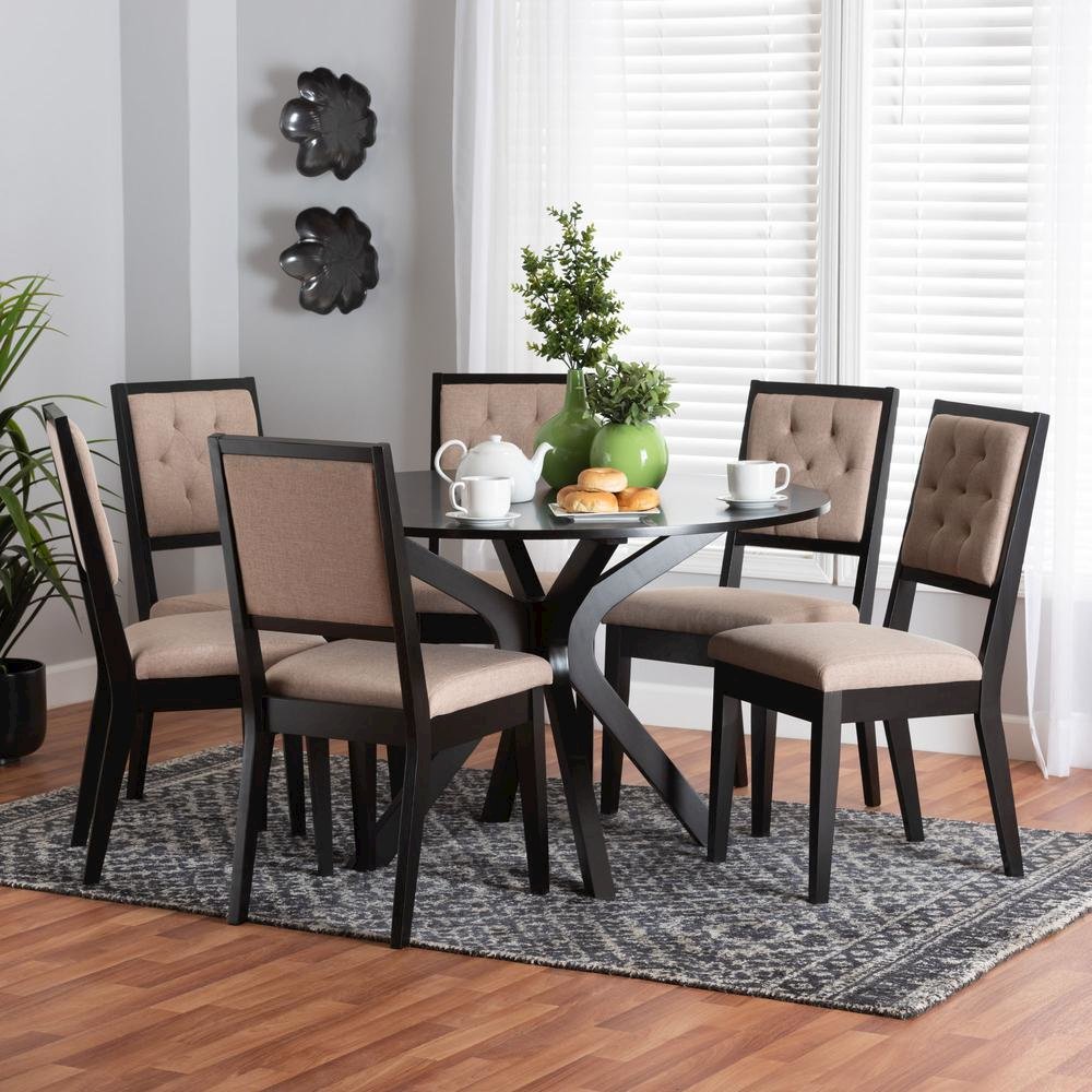 Mana Modern Sand Fabric and Dark Brown Finished Wood 7-Piece Dining Set. Picture 18