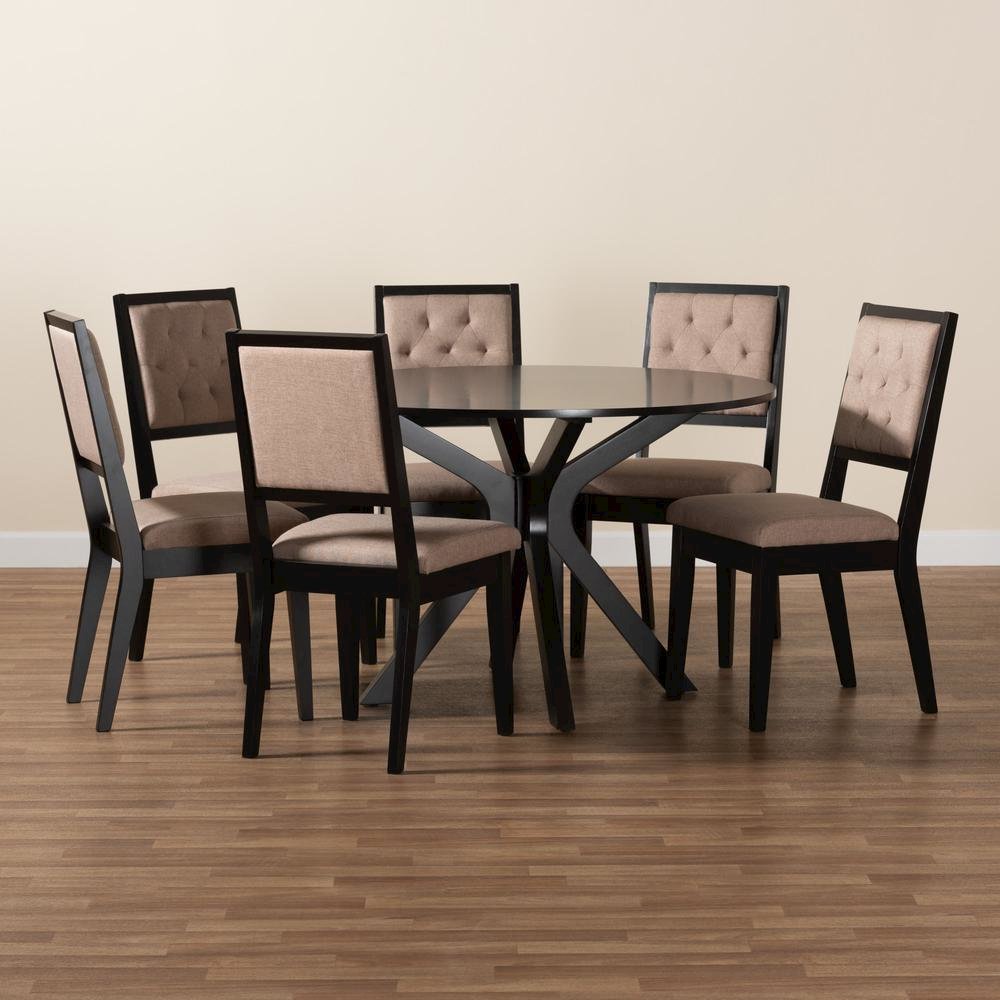 Mana Modern Sand Fabric and Dark Brown Finished Wood 7-Piece Dining Set. Picture 19