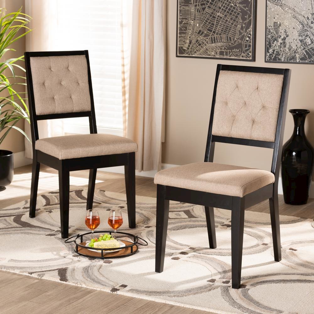 Sand Fabric Upholstered and Dark Brown Finished Wood 2-Piece Dining Chair Set. Picture 16