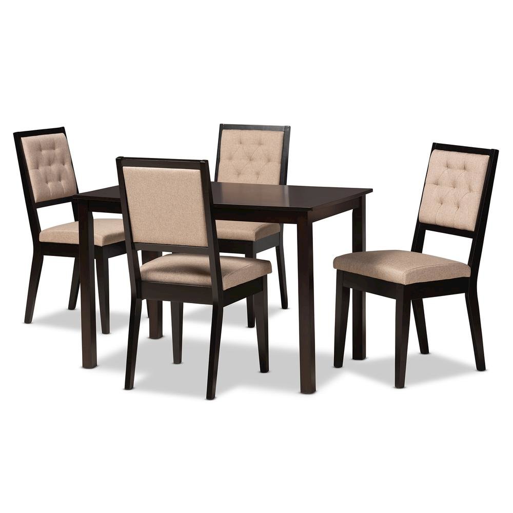 Sand Fabric Upholstered and Dark Brown Finished Wood 5-Piece Dining Set. Picture 11