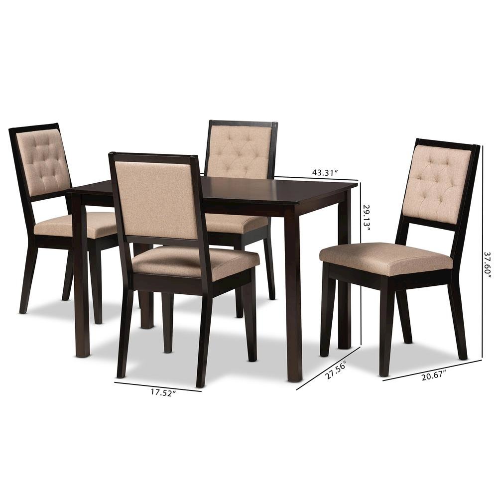 Sand Fabric Upholstered and Dark Brown Finished Wood 5-Piece Dining Set. Picture 20
