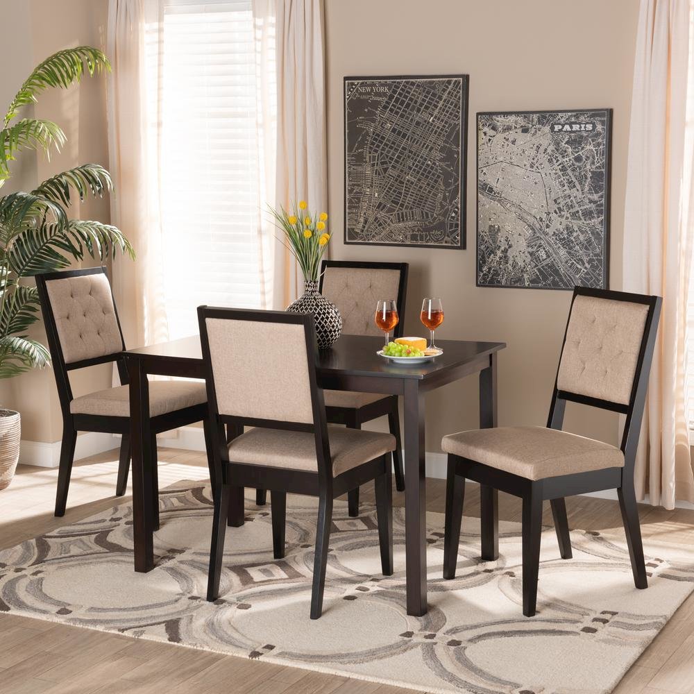 Sand Fabric Upholstered and Dark Brown Finished Wood 5-Piece Dining Set. Picture 18