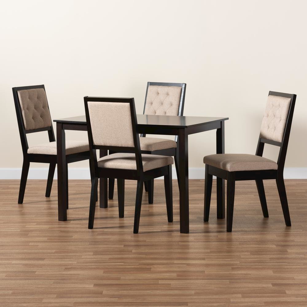 Sand Fabric Upholstered and Dark Brown Finished Wood 5-Piece Dining Set. Picture 19
