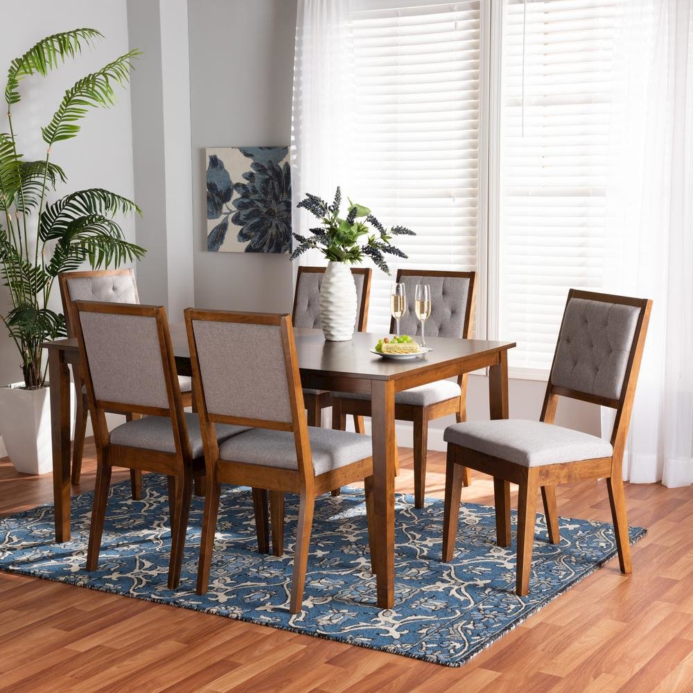 Grey Fabric Upholstered and Walnut Brown Finished Wood 7-Piece Dining Set. Picture 18