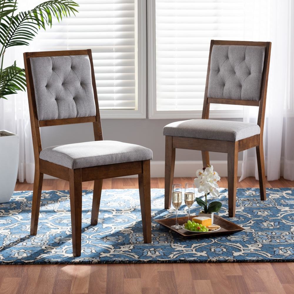 Grey Fabric Upholstered and Walnut Brown Finished Wood 2-Piece Dining Chair Set. Picture 16