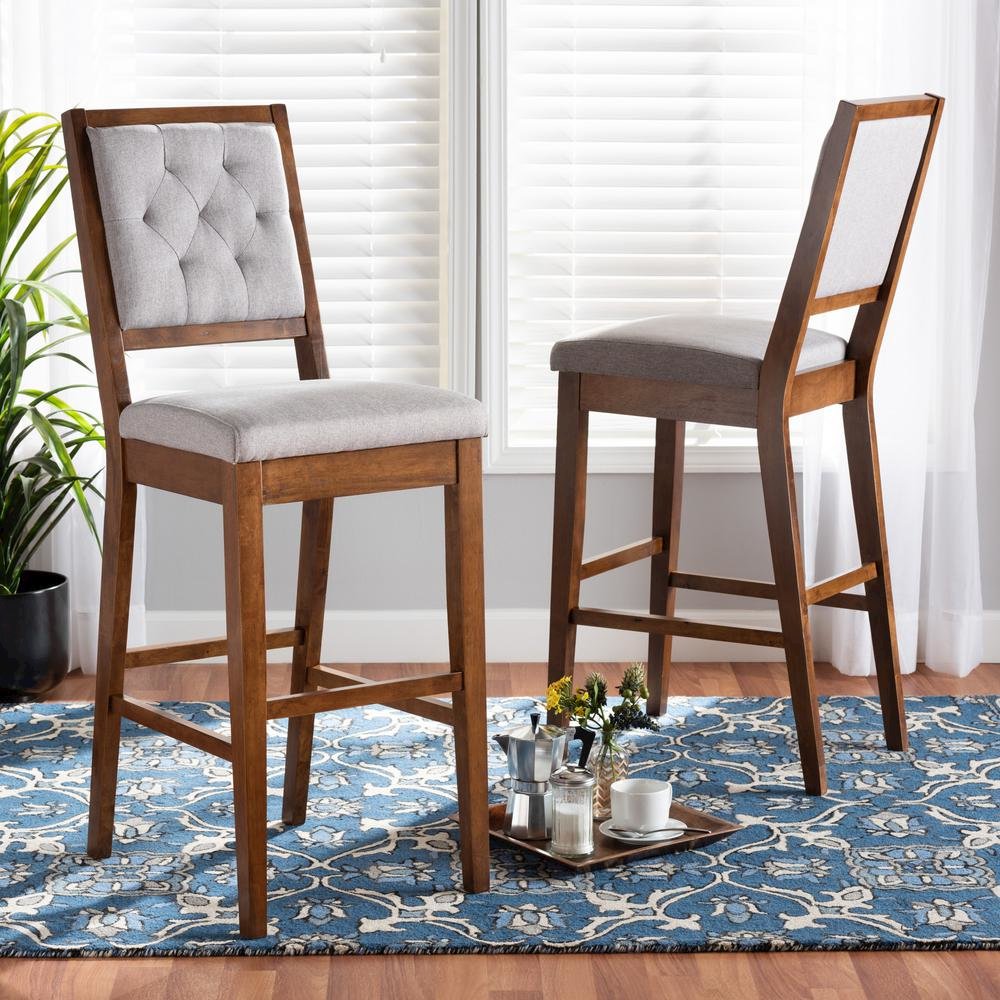 Grey Fabric Upholstered and Walnut Brown Finished Wood 2-Piece Bar Stool Set. Picture 16