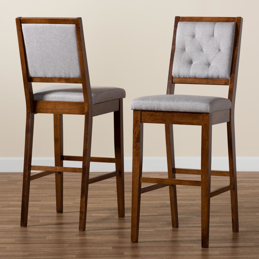 Grey Fabric Upholstered and Walnut Brown Finished Wood 2-Piece Bar Stool Set. Picture 17