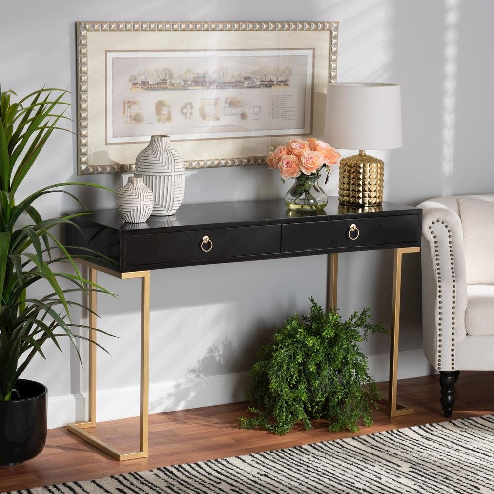 Black Finished Wood and Gold Metal 2-Drawer Console Table. Picture 18