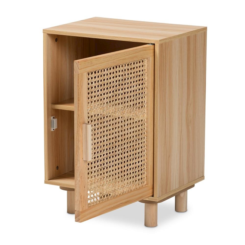 Rattan and Natural Brown Finished Wood 1-Door End Table. Picture 13