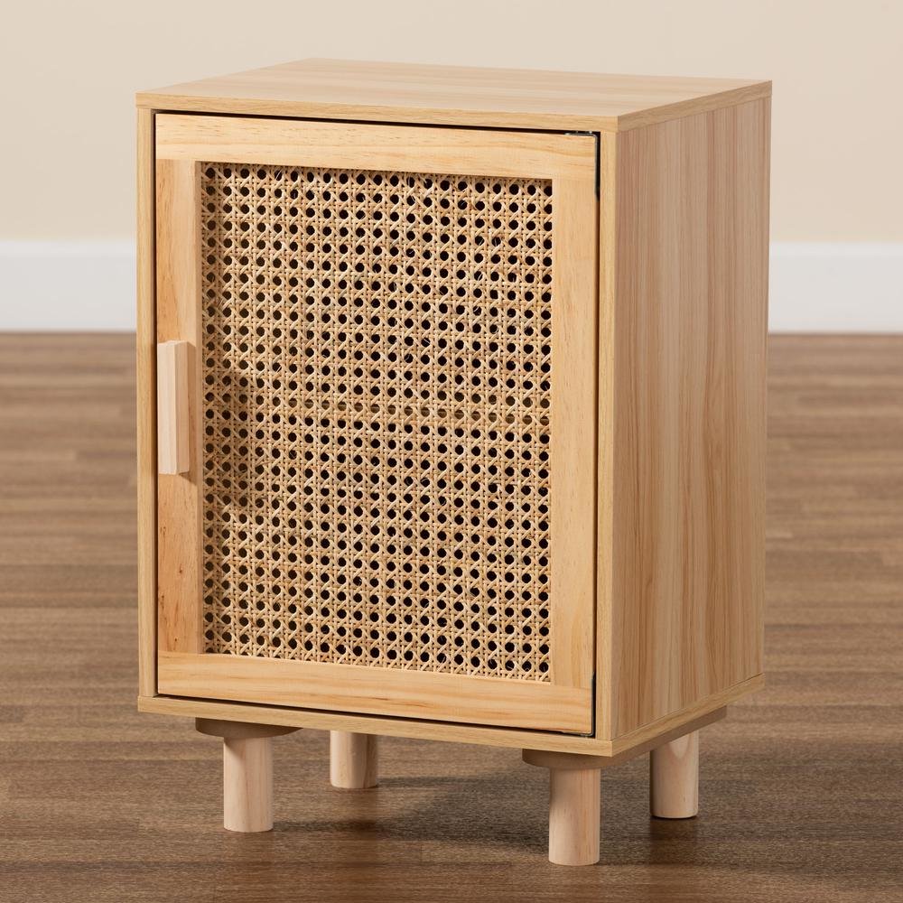 Rattan and Natural Brown Finished Wood 1-Door End Table. Picture 20