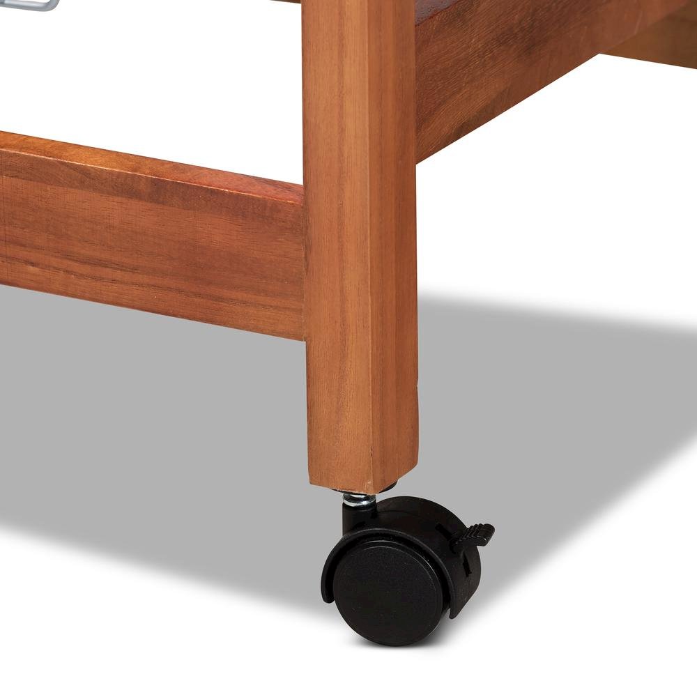 Oak Brown Finished Wood and Silver-Tone Metal Mobile Kitchen Storage Cart. Picture 25
