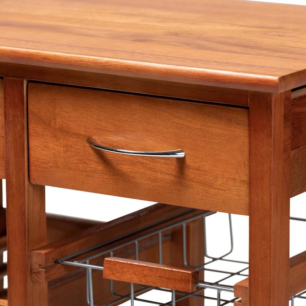 Oak Brown Finished Wood and Silver-Tone Metal Mobile Kitchen Storage Cart. Picture 23