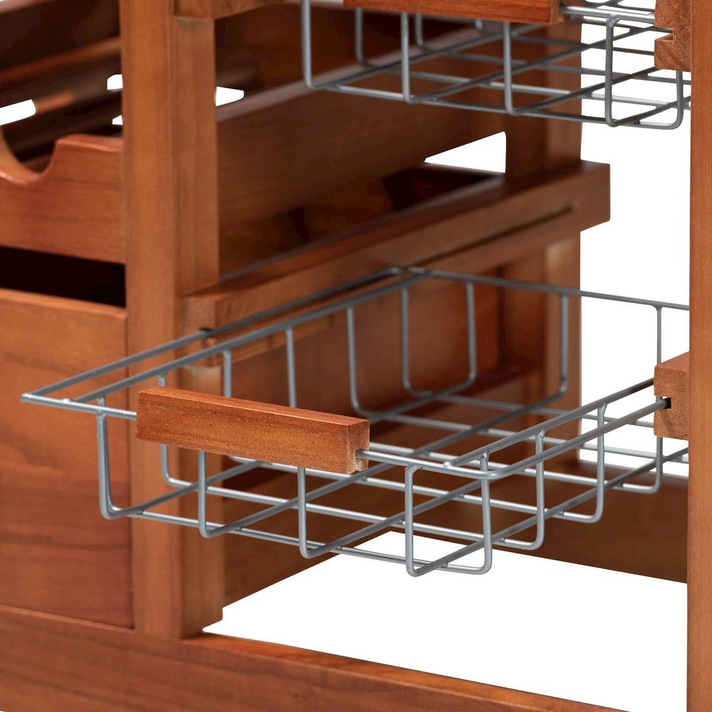 Oak Brown Finished Wood and Silver-Tone Metal Mobile Kitchen Storage Cart. Picture 24