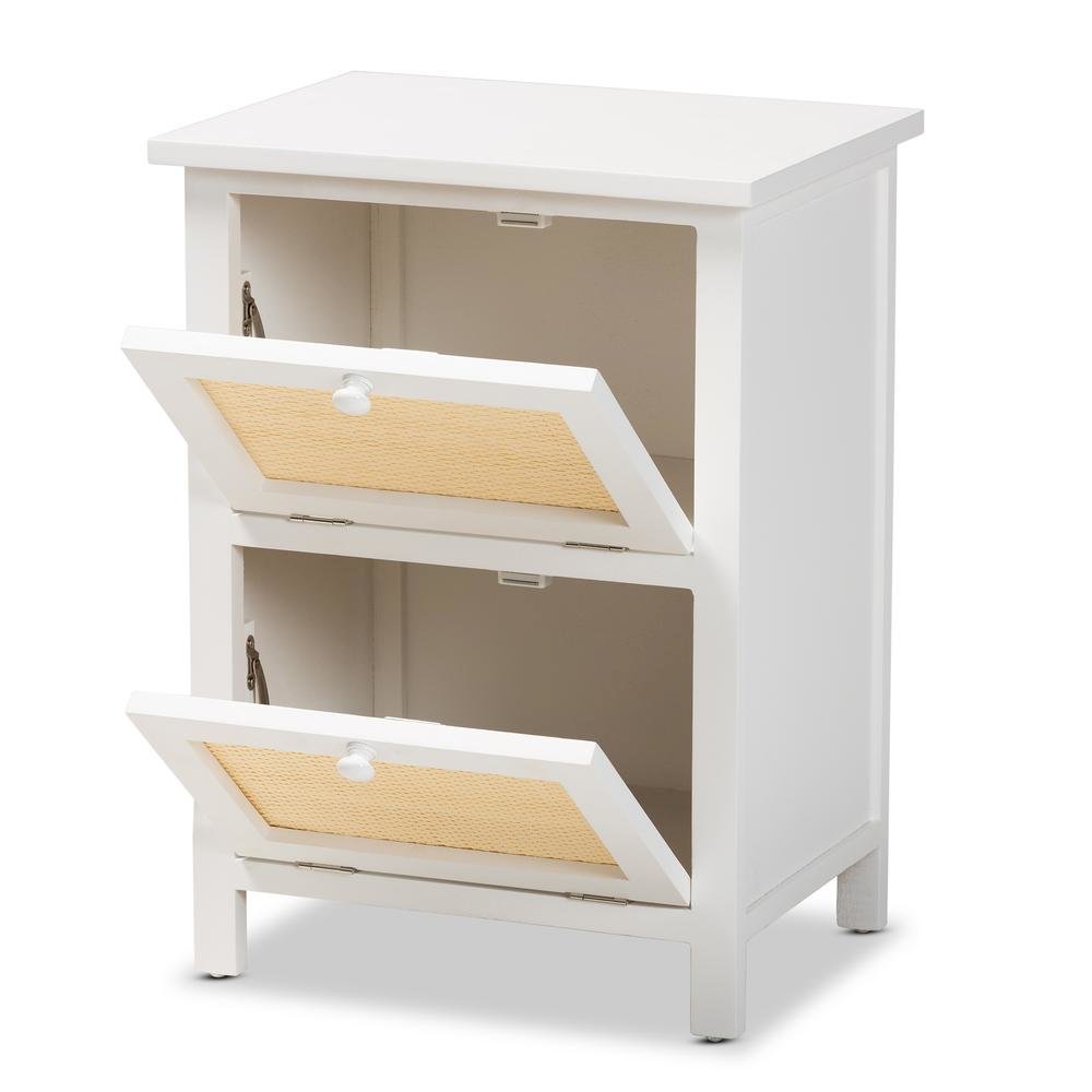 Sariah Mid-Century Modern White Finished Wood and Rattan 2-Door End Table. Picture 12