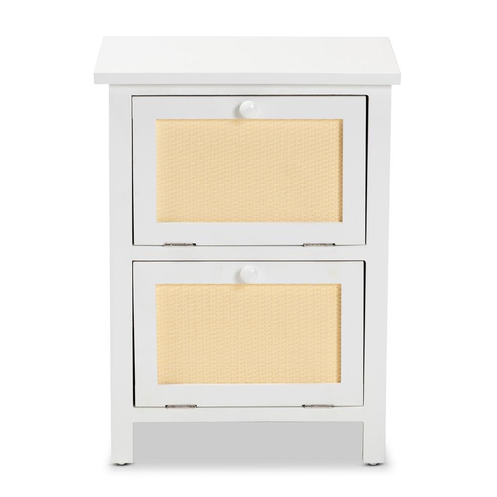 Sariah Mid-Century Modern White Finished Wood and Rattan 2-Door End Table. Picture 13