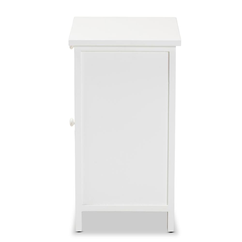 Sariah Mid-Century Modern White Finished Wood and Rattan 2-Door End Table. Picture 14