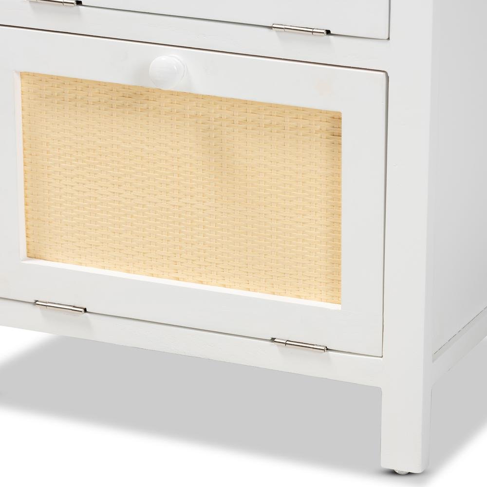 Sariah Mid-Century Modern White Finished Wood and Rattan 2-Door End Table. Picture 15
