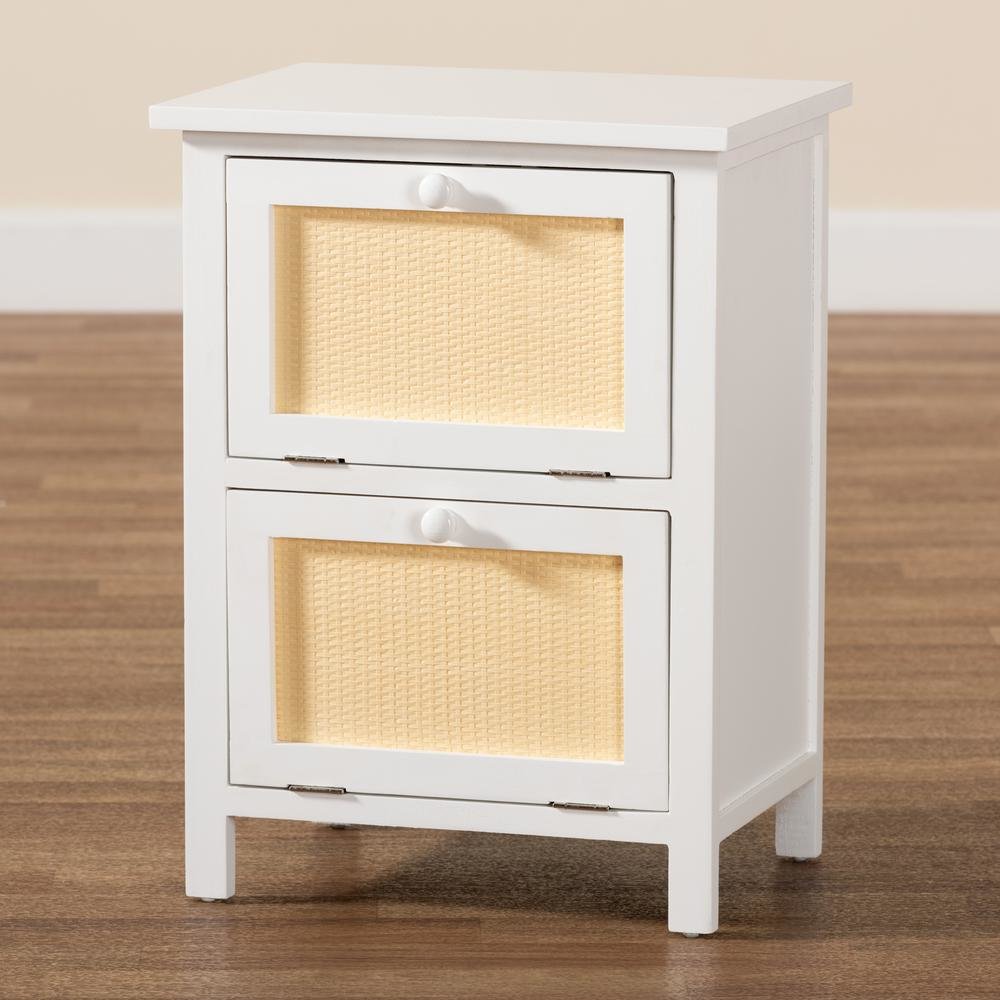 Sariah Mid-Century Modern White Finished Wood and Rattan 2-Door End Table. Picture 18