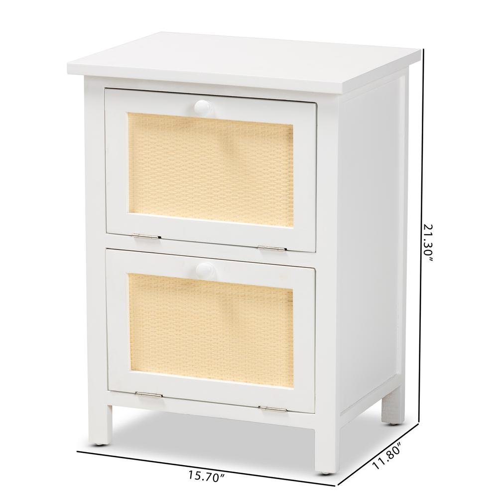 Sariah Mid-Century Modern White Finished Wood and Rattan 2-Door End Table. Picture 19