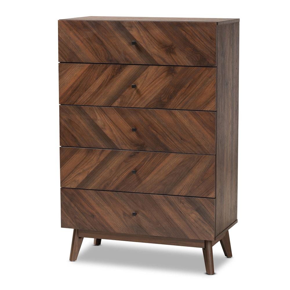 Hartman Mid-Century Modern Walnut Brown Finished Wood 5-Drawer Storage Chest. Picture 11