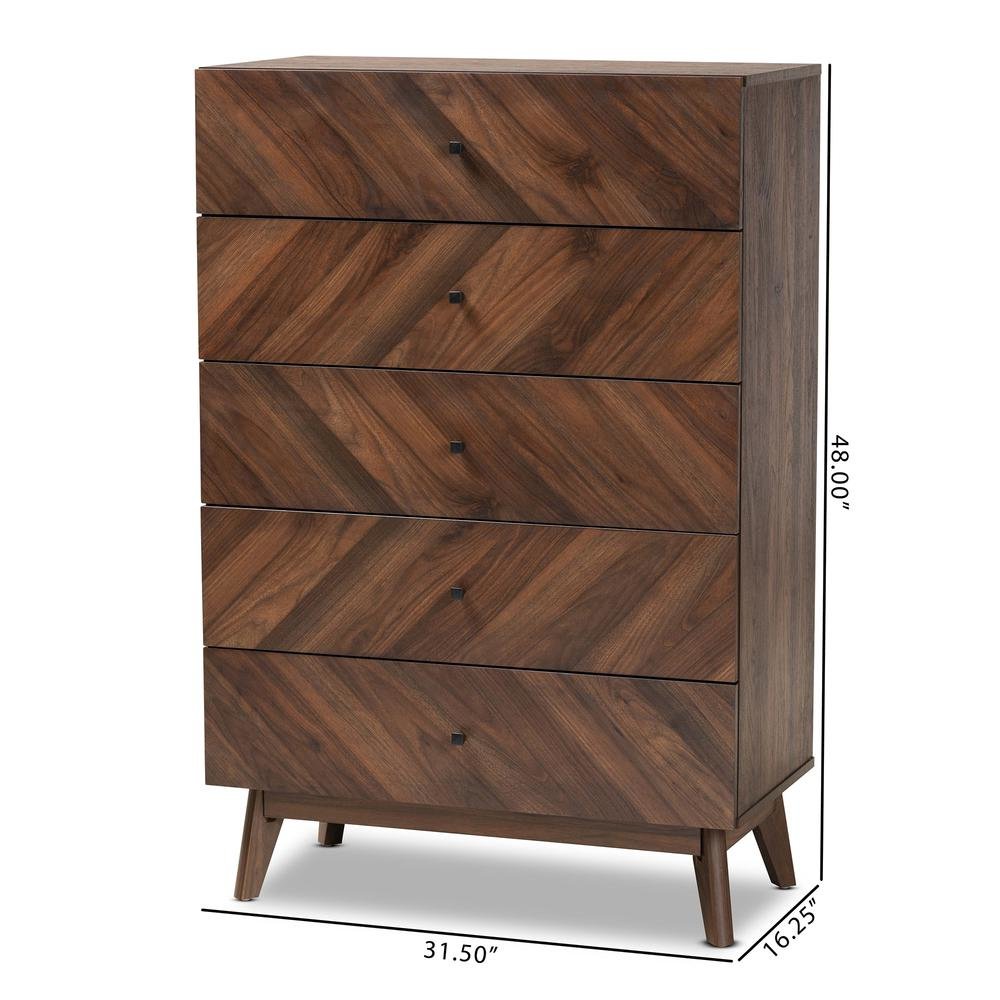 Hartman Mid-Century Modern Walnut Brown Finished Wood 5-Drawer Storage Chest. Picture 20