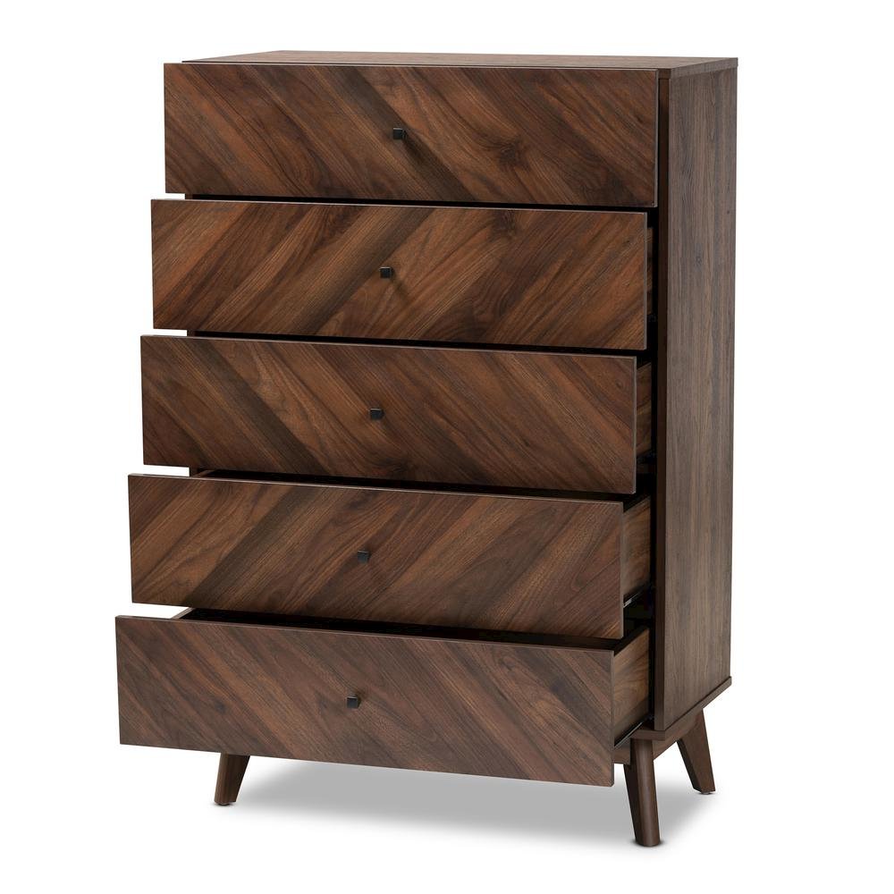 Hartman Mid-Century Modern Walnut Brown Finished Wood 5-Drawer Storage Chest. Picture 12