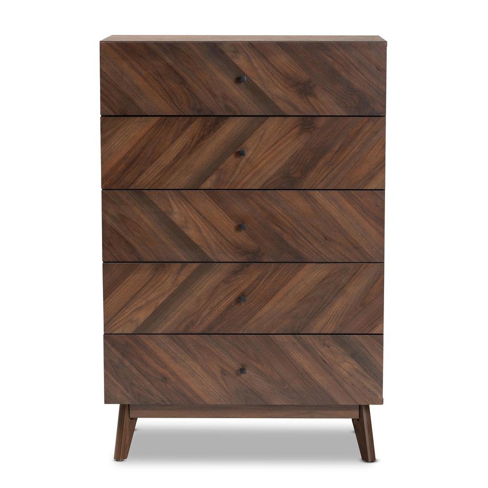 Hartman Mid-Century Modern Walnut Brown Finished Wood 5-Drawer Storage Chest. Picture 13