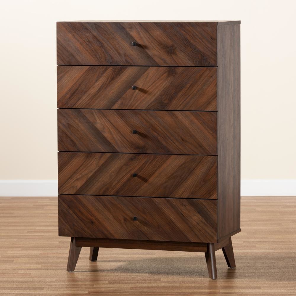 Hartman Mid-Century Modern Walnut Brown Finished Wood 5-Drawer Storage Chest. Picture 19
