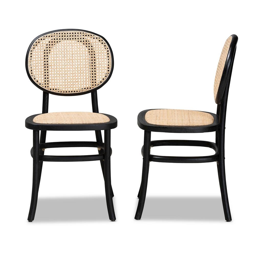 Brown Woven Rattan and Black Wood 2-Piece Cane Dining Chair Set. Picture 11
