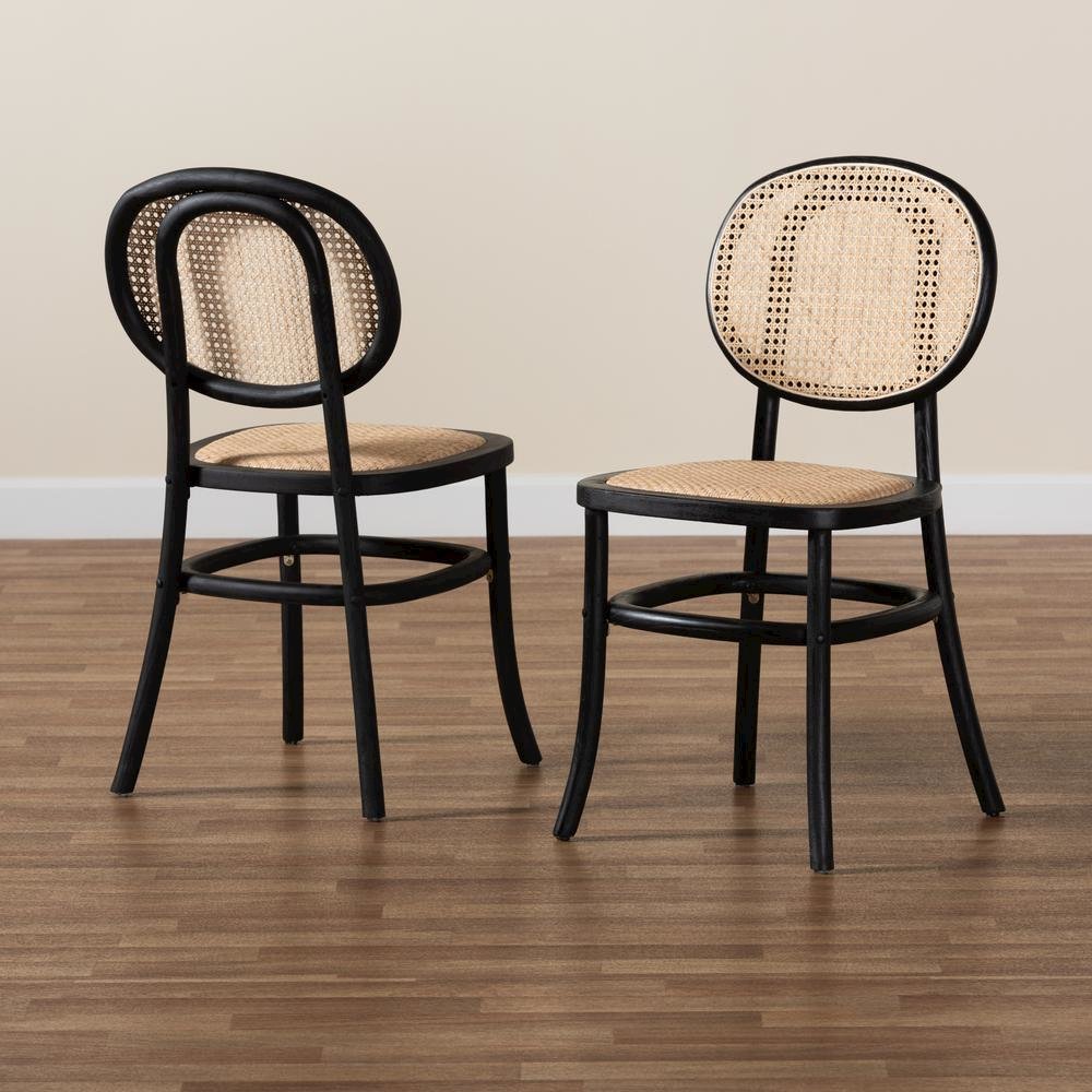 Brown Woven Rattan and Black Wood 2-Piece Cane Dining Chair Set. Picture 16