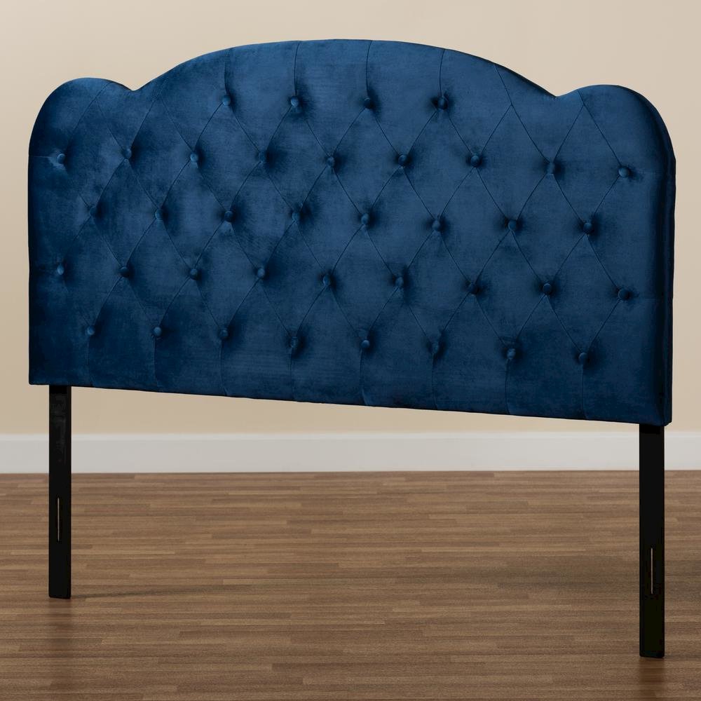 Navy Blue Velvet Fabric Upholstered Queen Size Headboard. Picture 13