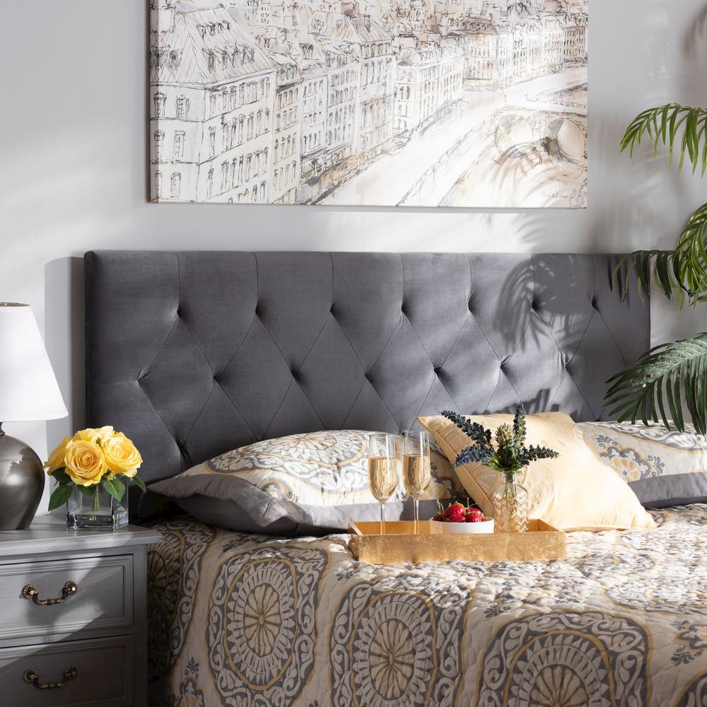 Grey Velvet Fabric Upholstered Queen Size Headboard. Picture 12