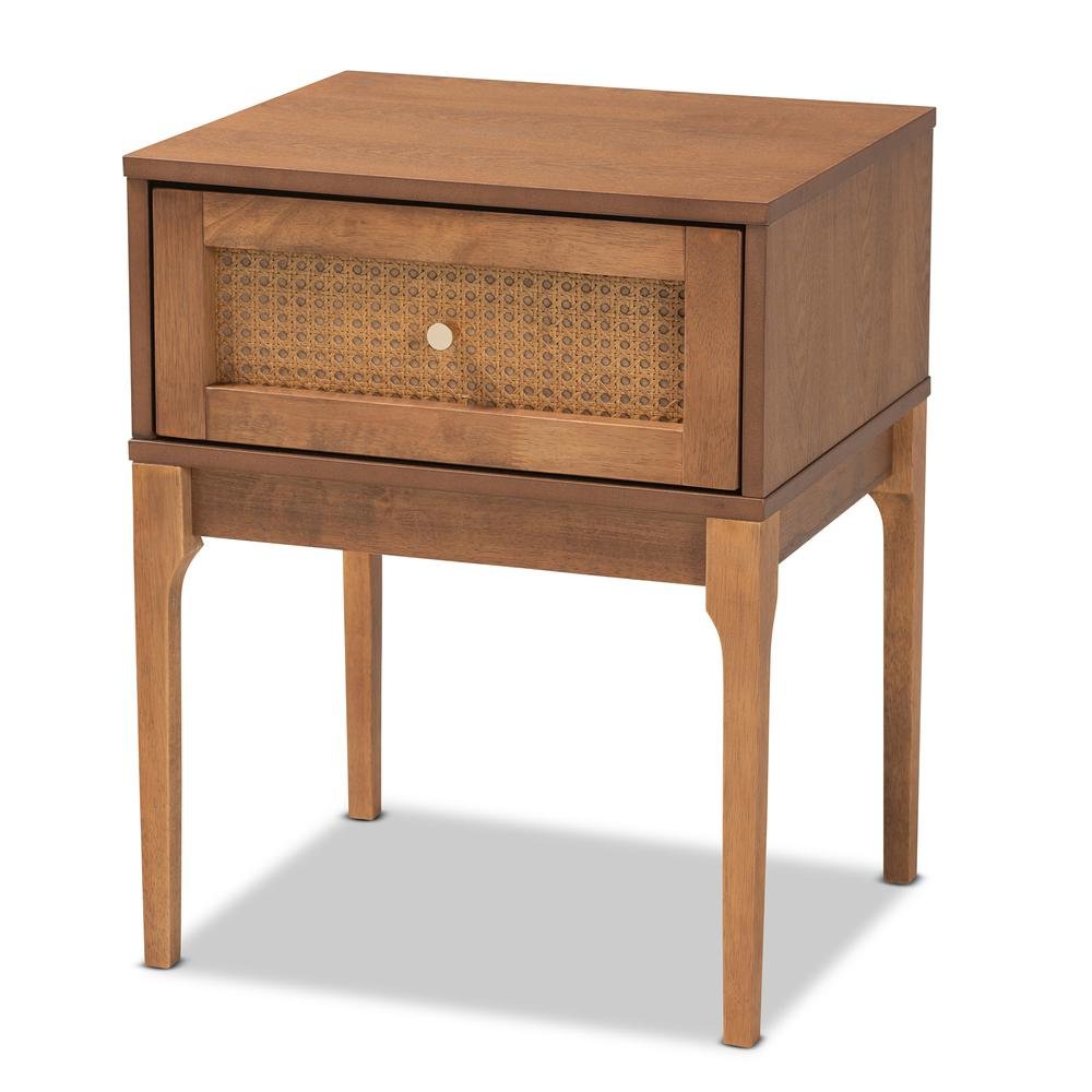 Ash Walnut Finished Wood and Rattan 1-Drawer Nightstand. Picture 11