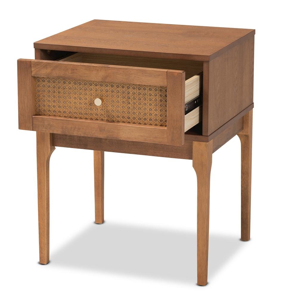 Ash Walnut Finished Wood and Rattan 1-Drawer Nightstand. Picture 12