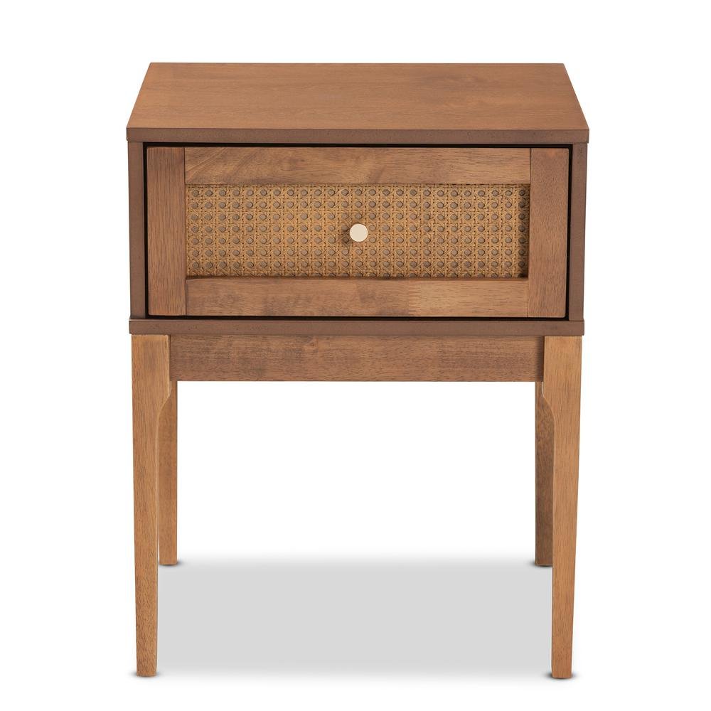 Ash Walnut Finished Wood and Rattan 1-Drawer Nightstand. Picture 13
