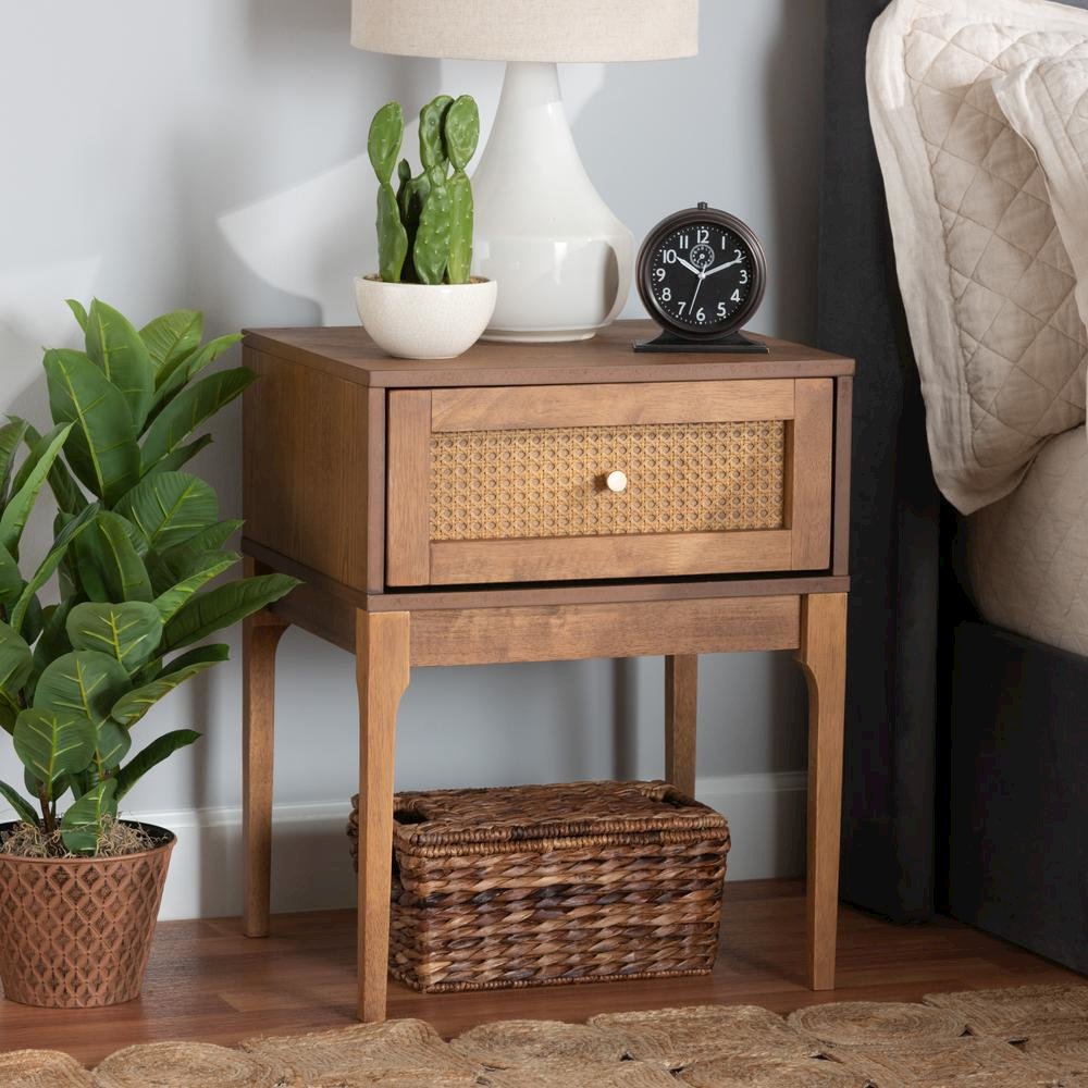 Ash Walnut Finished Wood and Rattan 1-Drawer Nightstand. Picture 18