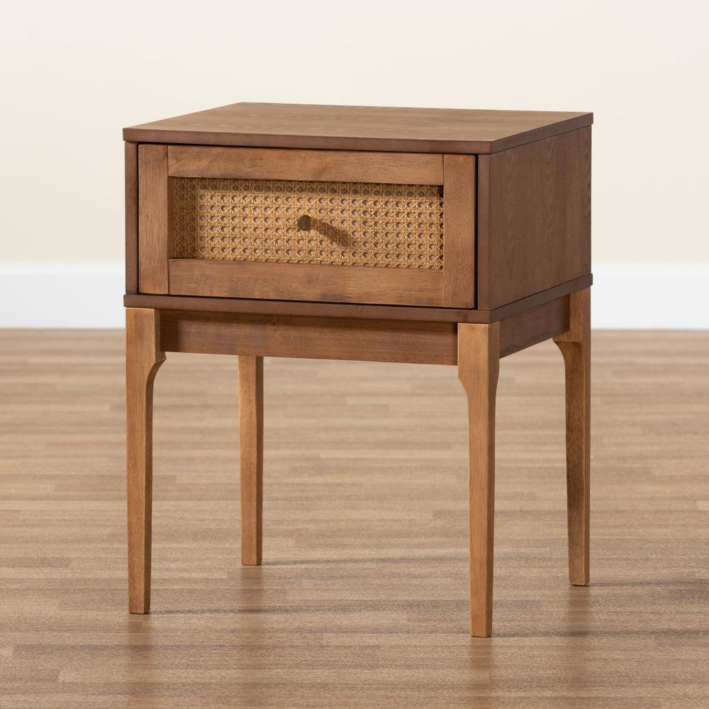 Ash Walnut Finished Wood and Rattan 1-Drawer Nightstand. Picture 19