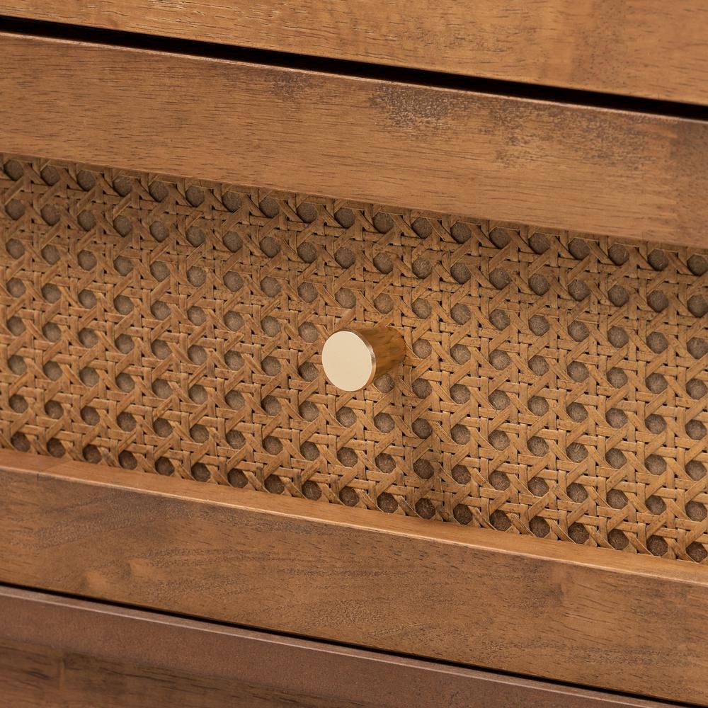 Ramiel Mid-Century Modern Ash Walnut Finished Wood and Rattan 6-Drawer Dresser. Picture 15