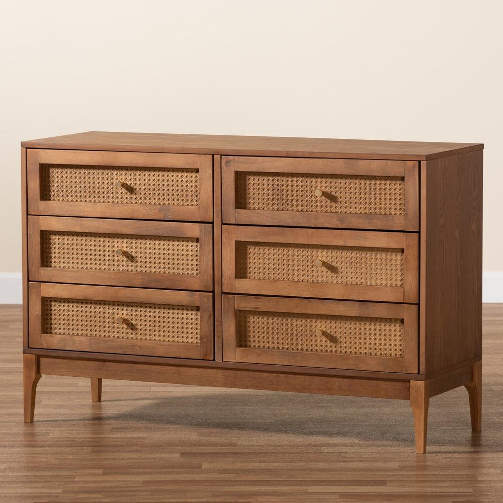 Ramiel Mid-Century Modern Ash Walnut Finished Wood and Rattan 6-Drawer Dresser. Picture 19