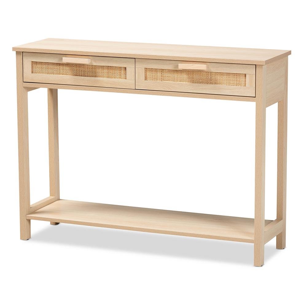 Light Brown Finished Wood 2-Drawer Console Table with Natural Rattan. Picture 11