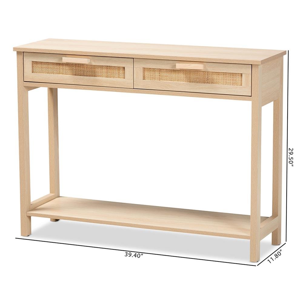 Light Brown Finished Wood 2-Drawer Console Table with Natural Rattan. Picture 20